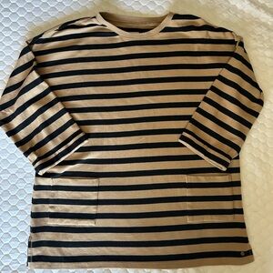 Fat Face Tan and Black Striped Cotton Top with Quarter Length Sleeves